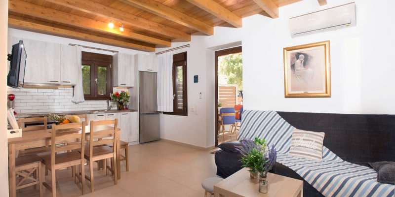 Louisa Apartment kitchen and living area – Houmeli Apartments, Kalamaki Crete.