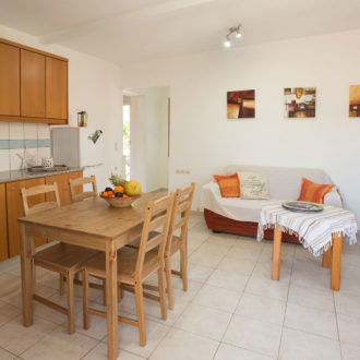 Bright living and dining area with a compact kitchen, wooden table, and two sofas in Iviskos at Houmeli Apartments
