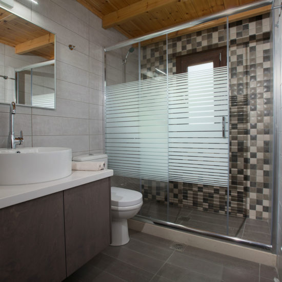 Modern bathroom with glass shower enclosure, vessel sink, toilet, and warm wooden ceiling beams