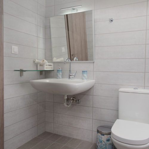 A clean modern bathroom with tiled walls, wall-mounted sink, mirror, toilet, and wooden door at Houmeli Apartments
