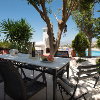 A shaded outdoor dining table with woven chairs sits beside the pool, surrounded by trees and potted plants