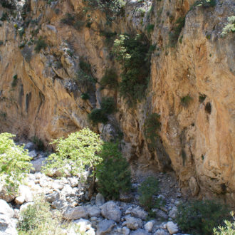 Rocky gorge walls with scattered shrubs and boulders in a sunlit South Crete landscape