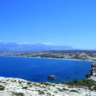 Panoramic view of Kommos beach and coastline from above in South Crete