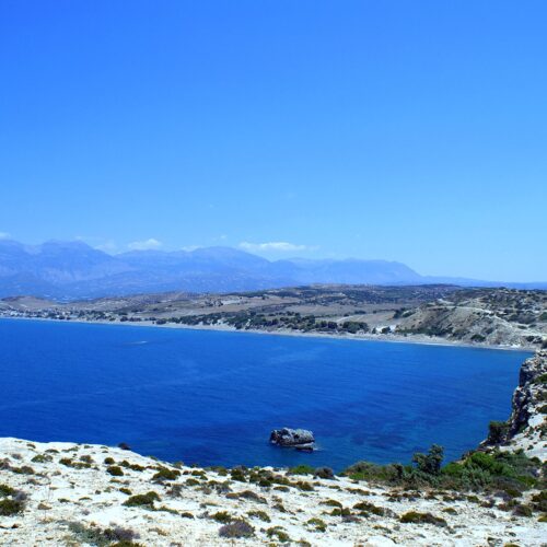 Panoramic view of Kommos beach and coastline from above in South Crete